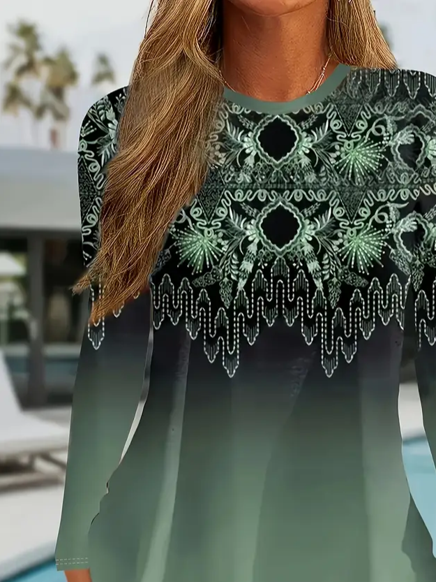 Women Ethnic Long Sleeve Tee T-shirt Crew Neck Printing Casual Spring/Fall Graphic Tee Top