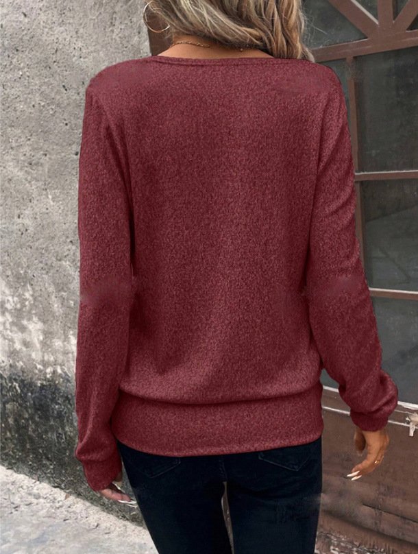 Women Plain Long Sleeve Tee T-shirt Crew Neck Split Joint Vintage Spring/Fall Top