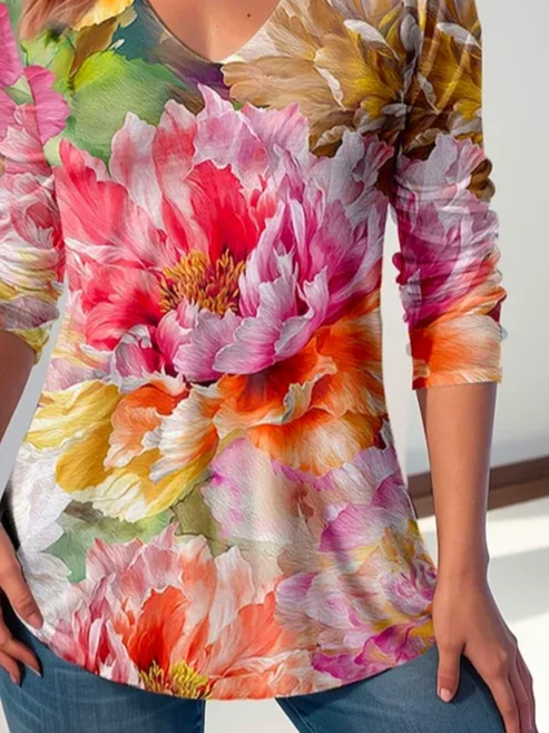 Women Floral Long Sleeve Tee T-shirt V Neck Printing Casual Spring/Fall Graphic Tee Top