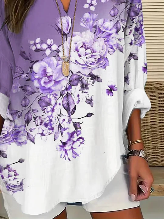 Women Floral Long Sleeve Blouse Spring/Fall Printing V Neck Daily Casual Top
