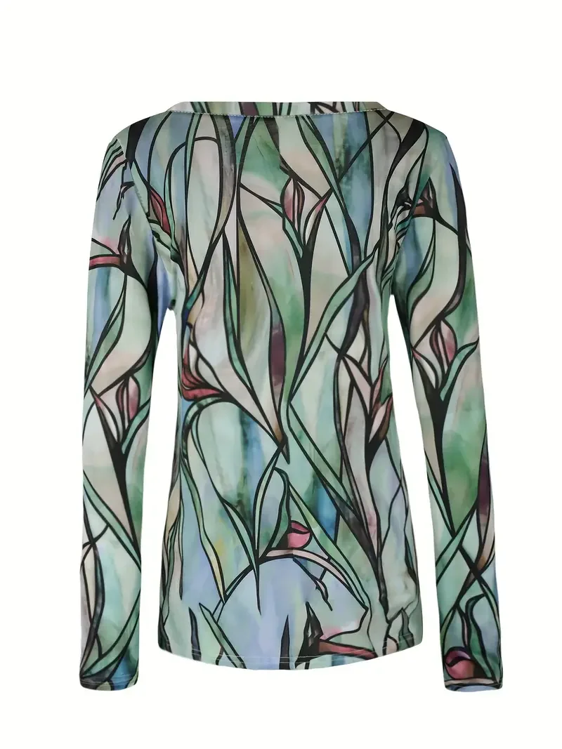Women Abstract Long Sleeve Tee T-shirt V Neck Printing Casual Spring/Fall Graphic Tee Top