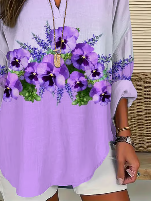 Women Floral Long Sleeve Blouse Spring/Fall Printing V Neck Daily Casual Top