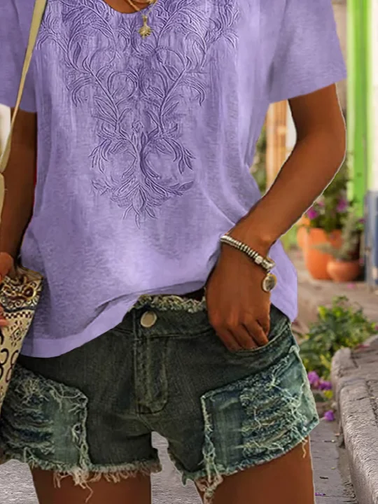 Women Floral Short Sleeve Tee T-shirt V Neck Printing Casual Summer Graphic Tee Top