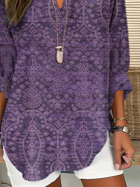 Women Floral Long Sleeve Blouse Spring/Fall Printing V Neck Daily Casual Top