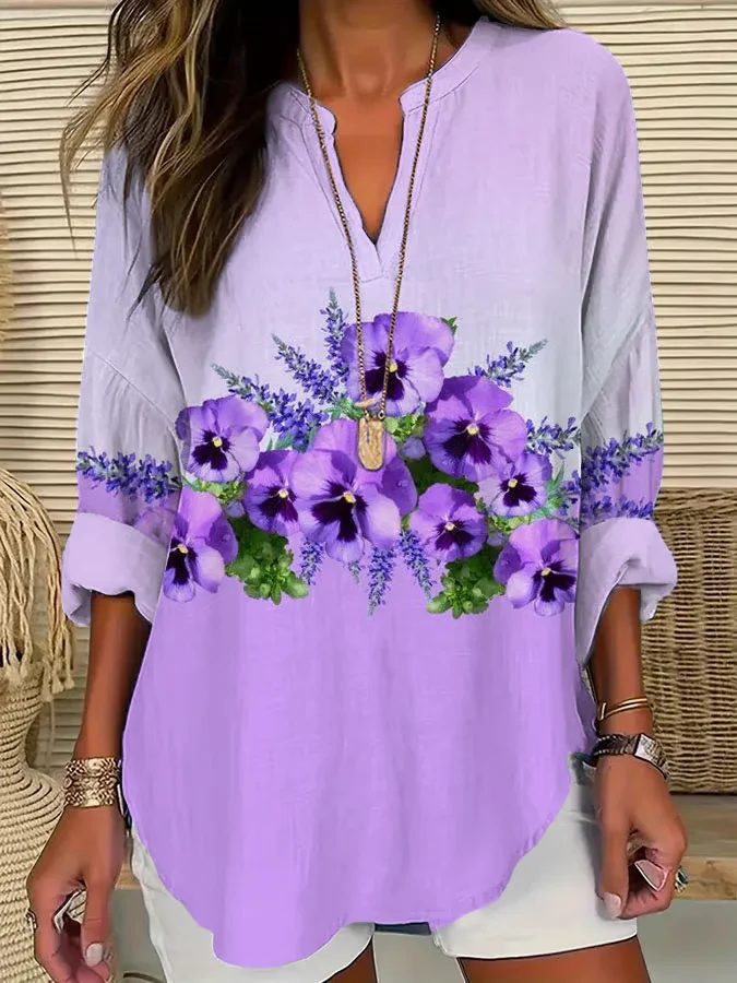Women Floral Long Sleeve Blouse Spring/Fall Printing V Neck Daily Casual Top