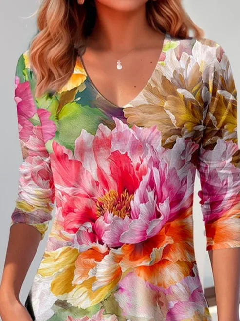 Women Floral Long Sleeve Tee T-shirt V Neck Printing Casual Spring/Fall Graphic Tee Top