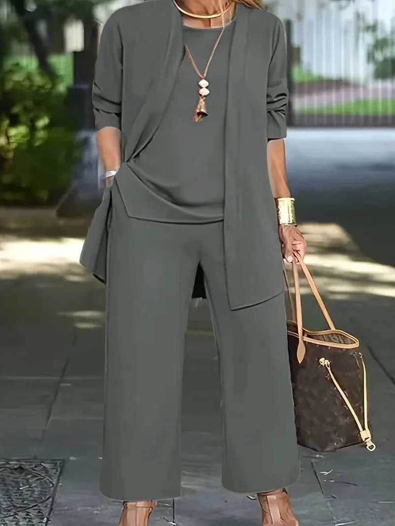 Women Plain Split Joint Matching Outfit Commuting Long Sleeve Casual Spring/Fall Multi-Piece Set Matching Set