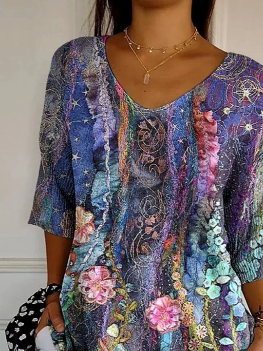 Women Floral Three Quarter Sleeve Tee T-shirt V Neck Printing Casual Spring/Fall Graphic Tee Top