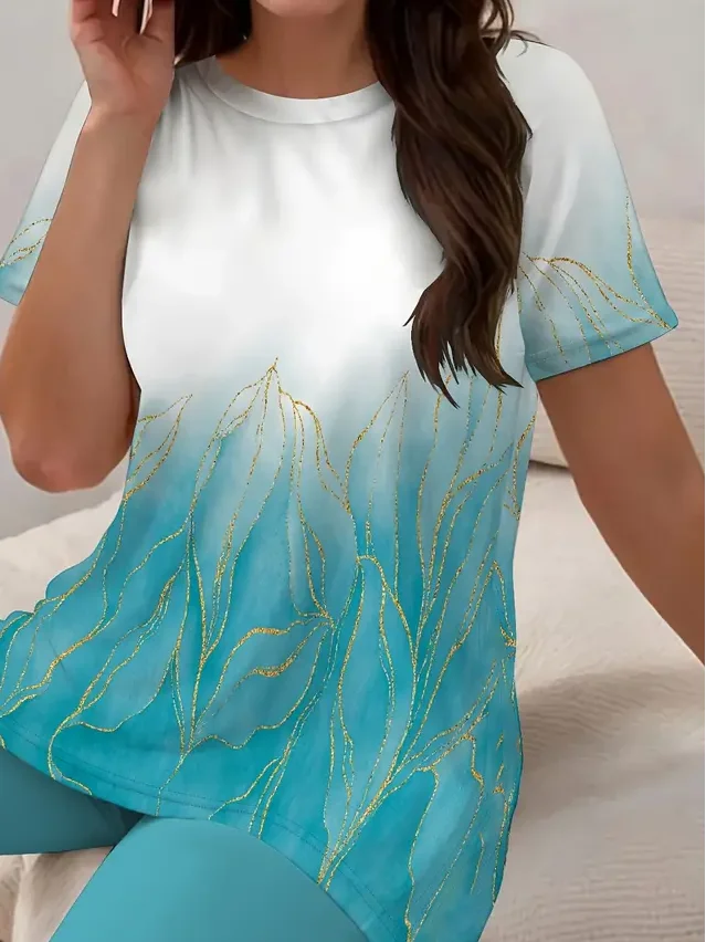 Women Abstract Printing Two-Piece Set Daily Short Sleeve Casual Summer Top With Pants Matching Set
