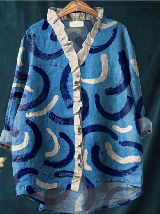 Women Geometric Long Sleeve Shirt Spring/Fall Printing Lotus Leaf Collar Daily Vintage Top
