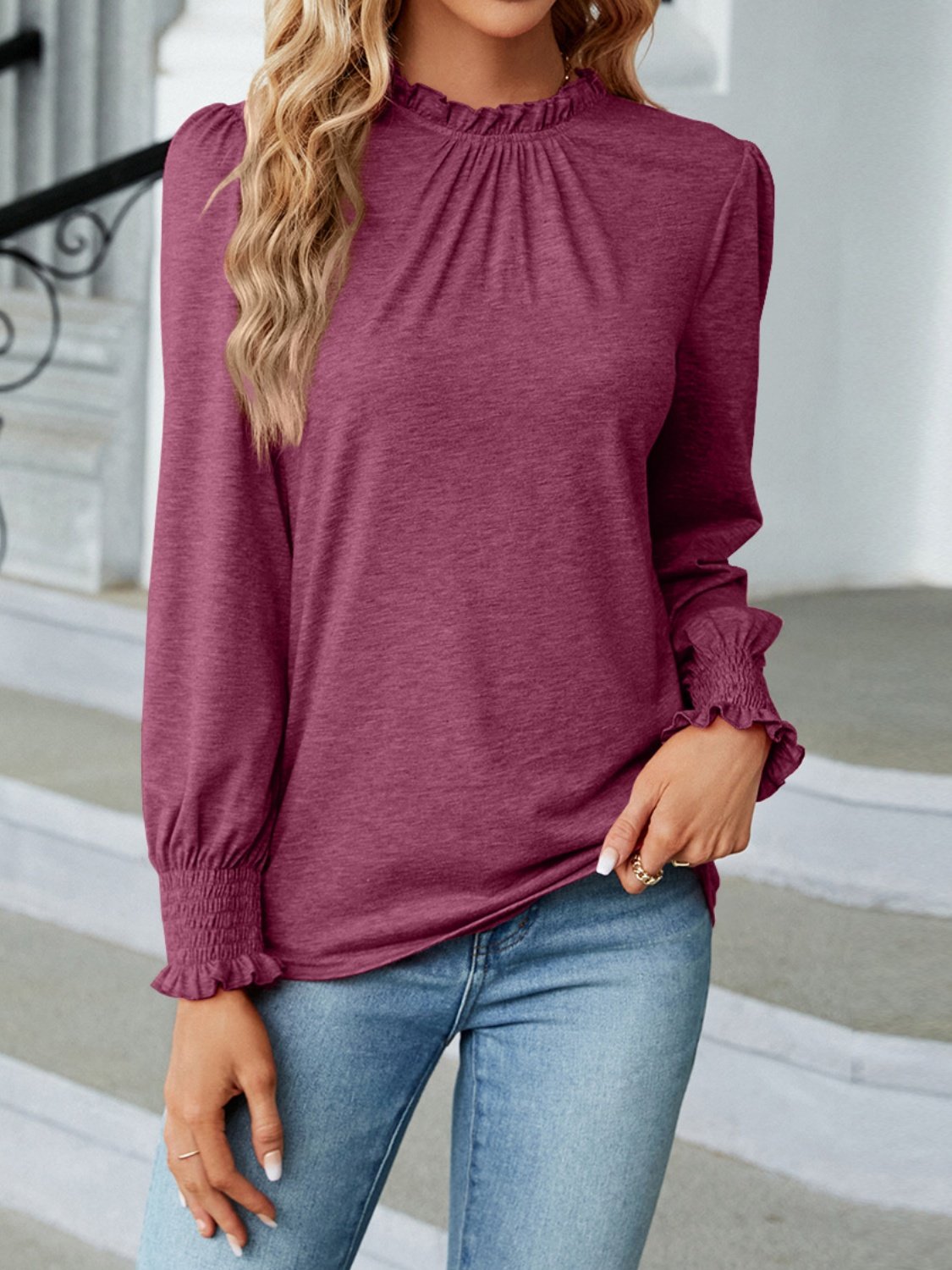 Women Plain Long Sleeve Tee T-shirt Crew Neck Gathered Vintage Spring/Fall Top