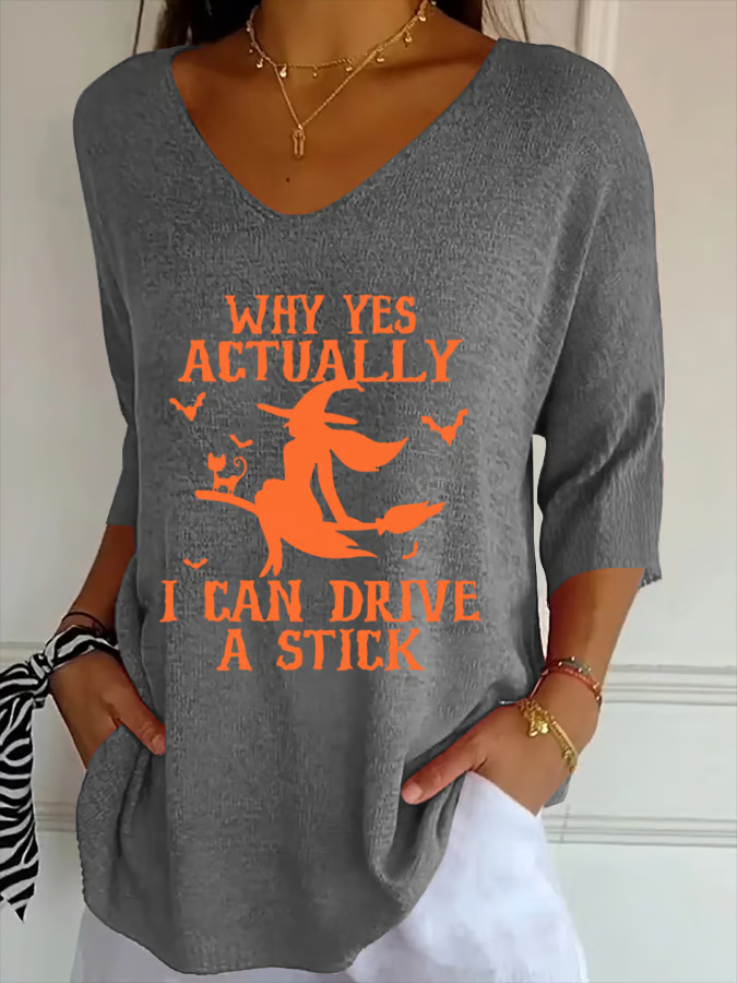 Women Halloween Three Quarter Sleeve Tee T-shirt V Neck Vintage Spring/Fall Top