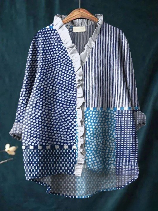 Women Geometric Long Sleeve Shirt Spring/Fall Printing Lotus Leaf Collar Daily Vintage Top