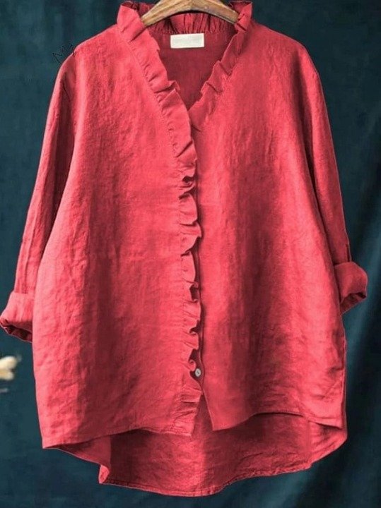 Women Geometric Long Sleeve Shirt Spring/Fall Printing Lotus Leaf Collar Daily Vintage Top