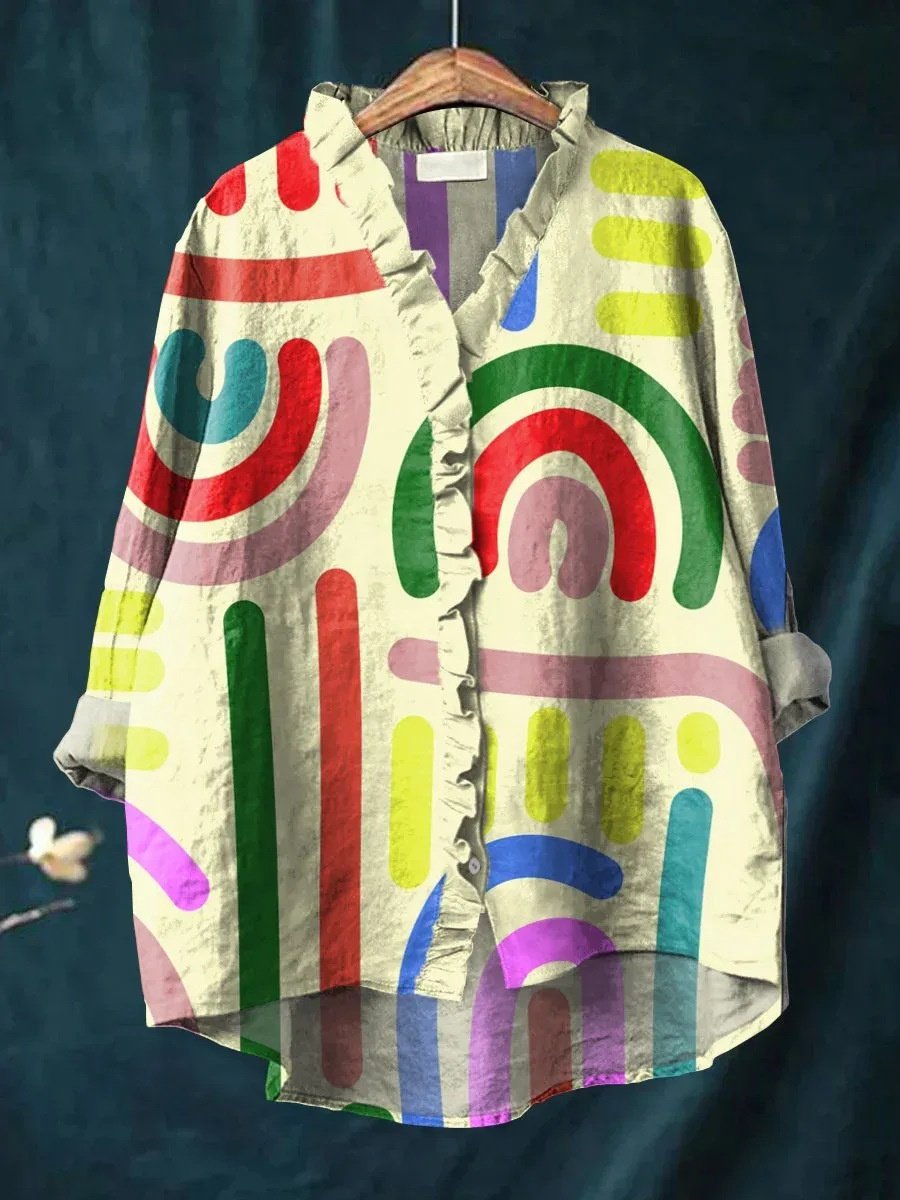 Women Geometric Long Sleeve Shirt Spring/Fall Printing Lotus Leaf Collar Daily Vintage Top
