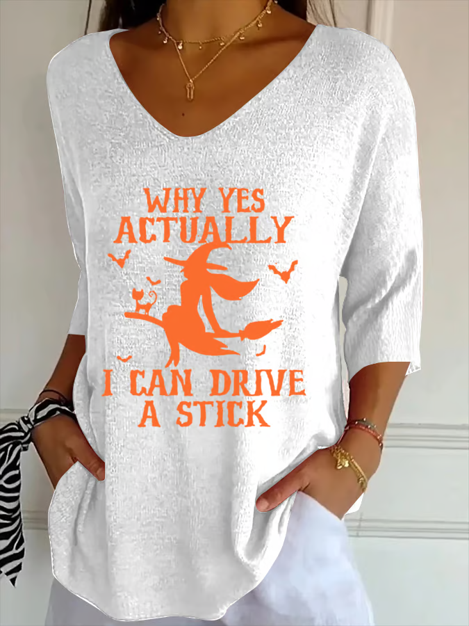 Women Halloween Three Quarter Sleeve Tee T-shirt V Neck Vintage Spring/Fall Top