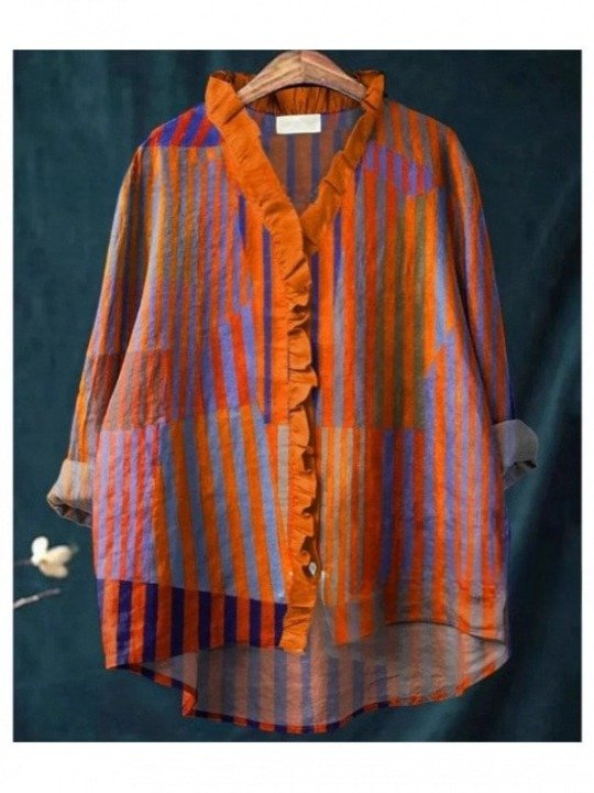 Women Geometric Long Sleeve Shirt Spring/Fall Printing Lotus Leaf Collar Daily Vintage Top