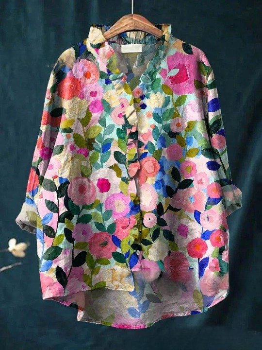 Women Geometric Long Sleeve Shirt Spring/Fall Printing Lotus Leaf Collar Daily Vintage Top