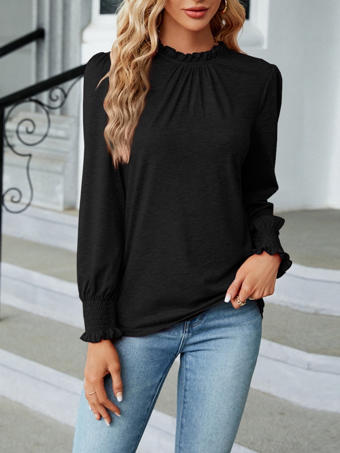 Women Plain Long Sleeve Tee T-shirt Crew Neck Gathered Vintage Spring/Fall Top