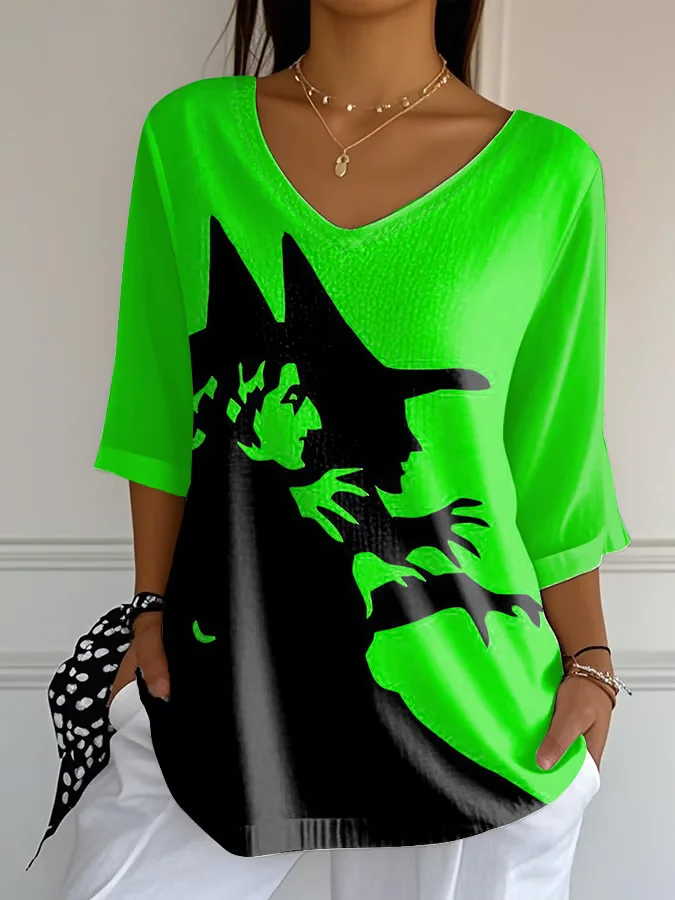 Women Halloween Three Quarter Sleeve Tee T-shirt V Neck Vintage Spring/Fall Top