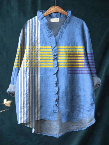 Women Geometric Long Sleeve Shirt Spring/Fall Printing Lotus Leaf Collar Daily Vintage Top