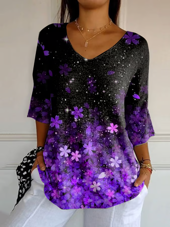 Women Floral Three Quarter Sleeve Tee T-shirt V Neck Printing Casual Spring/Fall Graphic Tee Top