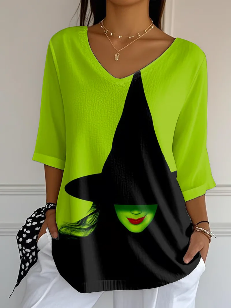 Women Halloween Three Quarter Sleeve Tee T-shirt V Neck Vintage Spring/Fall Top