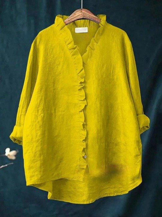 Women Geometric Long Sleeve Shirt Spring/Fall Printing Lotus Leaf Collar Daily Vintage Top