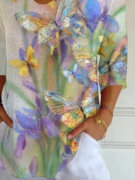 Women Floral Three Quarter Sleeve Tee T-shirt V Neck Printing Casual Spring/Fall Graphic Tee Top