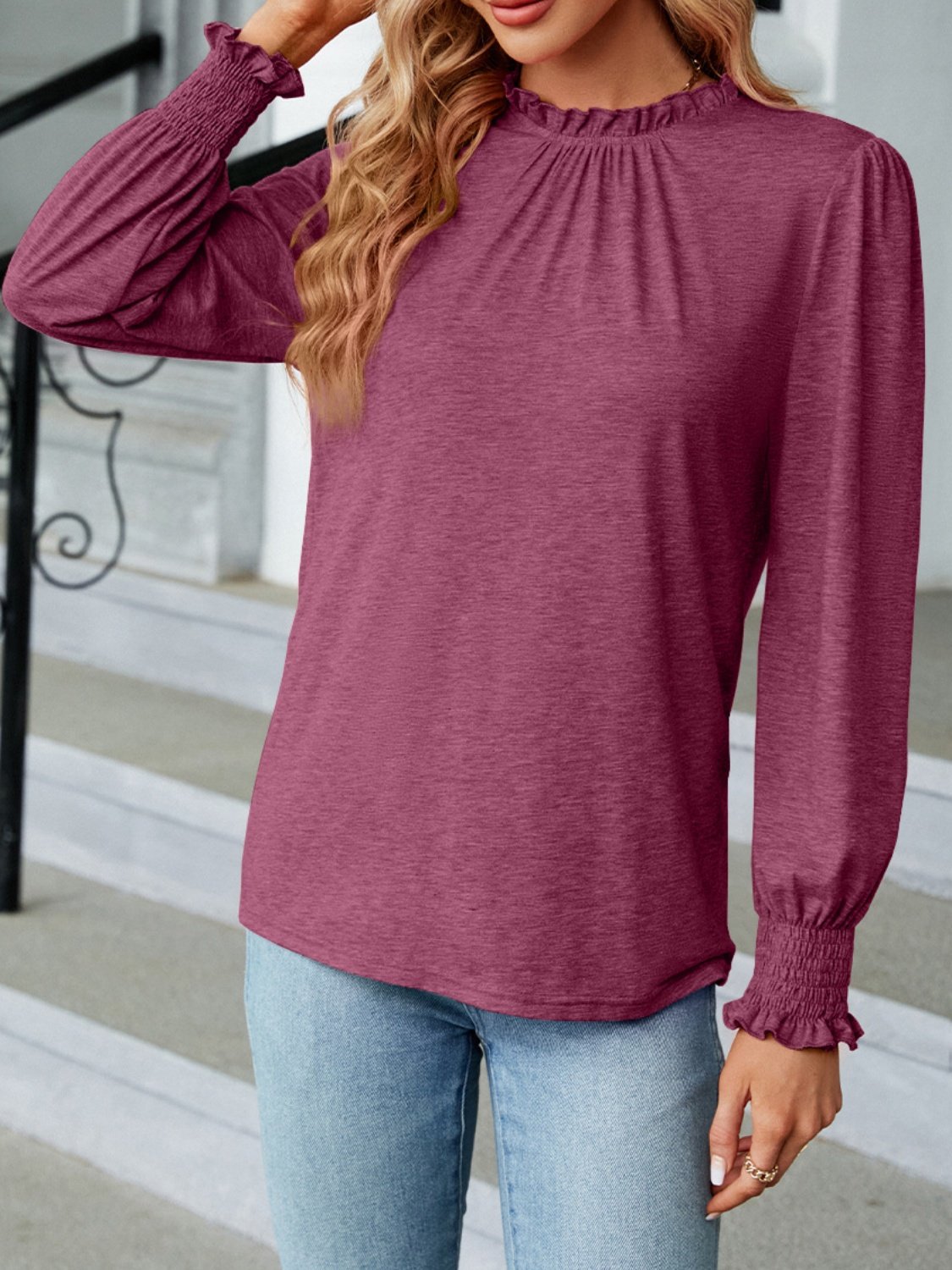 Women Plain Long Sleeve Tee T-shirt Crew Neck Gathered Vintage Spring/Fall Top