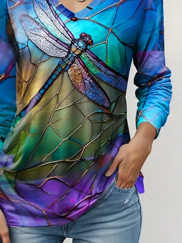 Women Dragonfly Long Sleeve Tee T-shirt V Neck Printing Casual Spring/Fall Graphic Tee Top