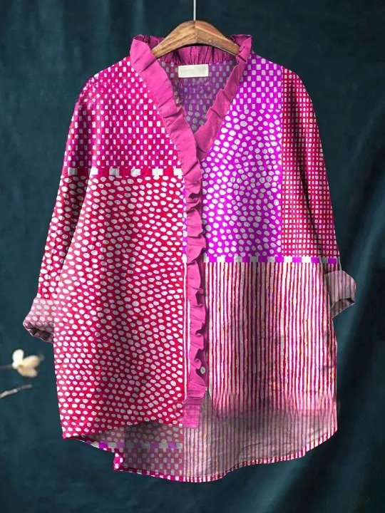 Women Geometric Long Sleeve Shirt Spring/Fall Printing Lotus Leaf Collar Daily Vintage Top