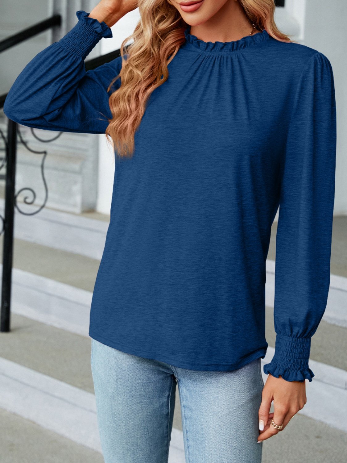 Women Plain Long Sleeve Tee T-shirt Crew Neck Gathered Vintage Spring/Fall Top