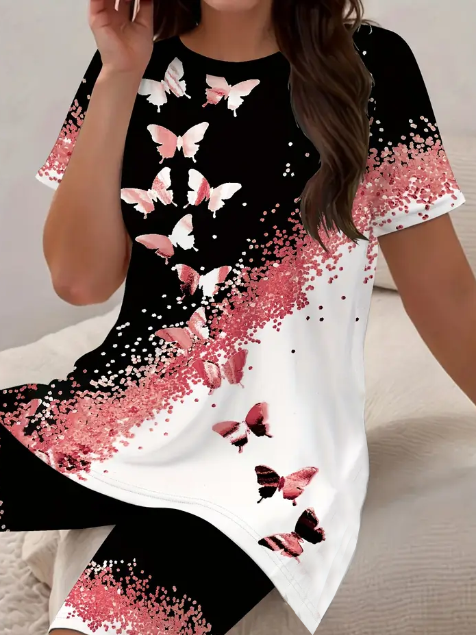 Women Butterfly Printing Two-Piece Set Daily Short Sleeve Casual Summer Top With Pants Matching Set