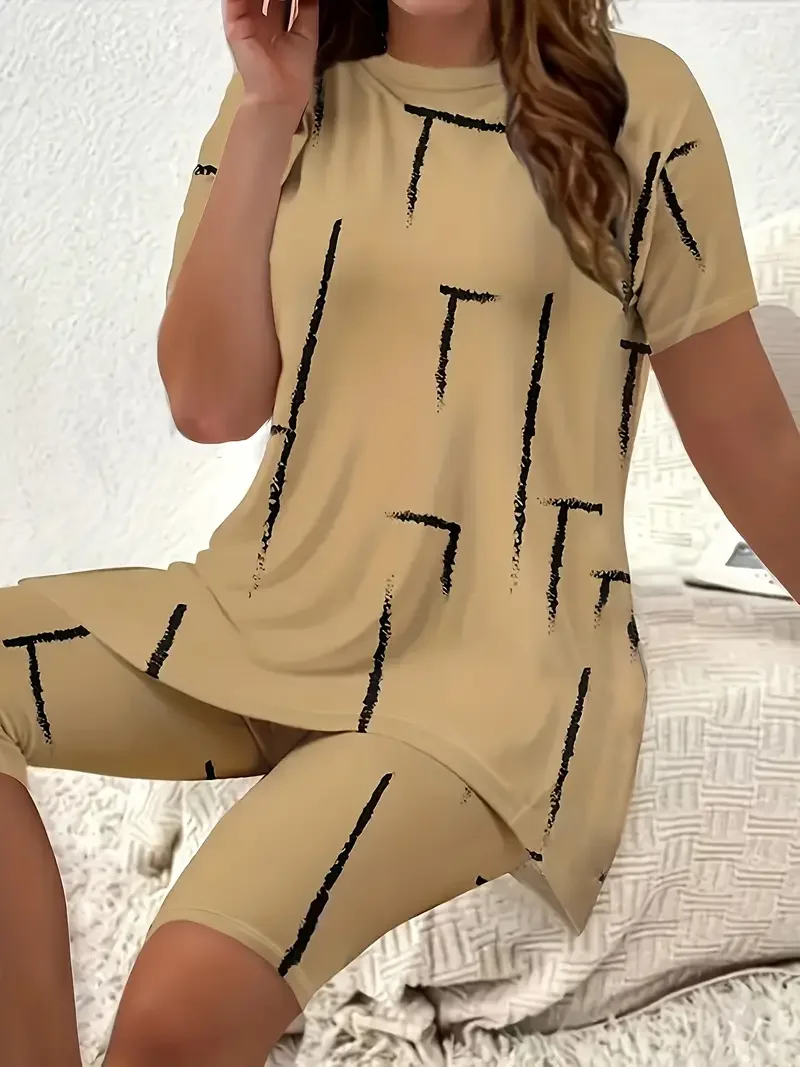 Women Abstract Printing Two-Piece Set Daily Short Sleeve Casual Summer Top With Pants Matching Set