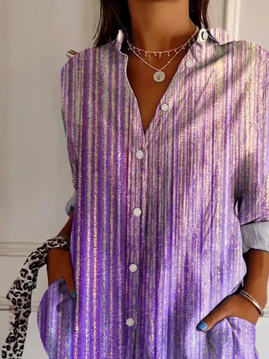 Women Abstract Long Sleeve Shirt Spring/Fall Buckle Shirt Collar Regular Sleeve Daily Casual Top