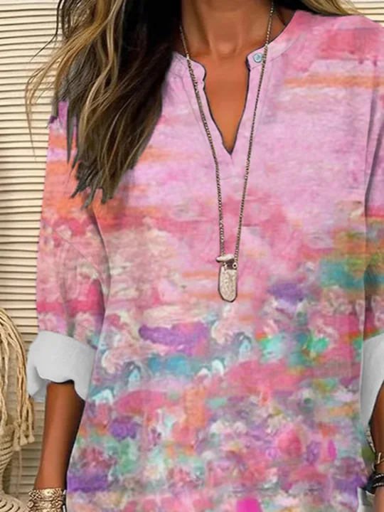 Women Abstract Long Sleeve Blouse Spring/Fall Printing V Neck Daily Casual Top