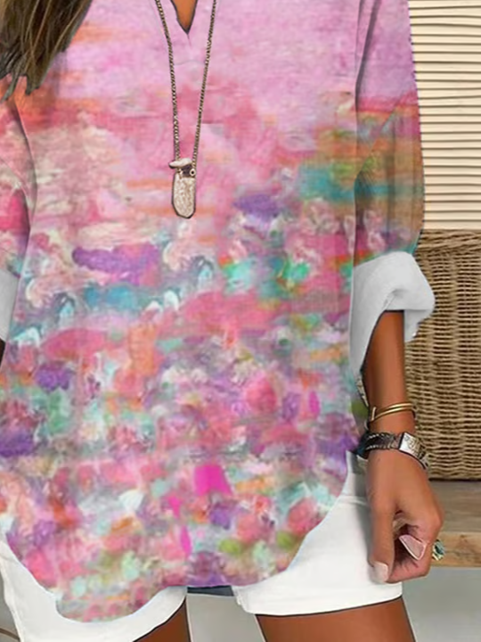 Women Abstract Long Sleeve Blouse Spring/Fall Printing V Neck Daily Casual Top