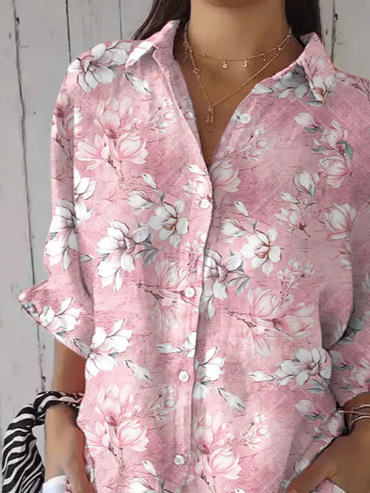 Women Floral Three Quarter Sleeve Shirt Spring/Fall Printing Shirt Collar Daily Casual Top