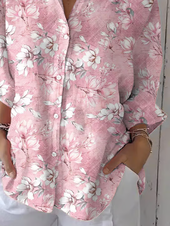 Women Floral Three Quarter Sleeve Shirt Spring/Fall Printing Shirt Collar Daily Casual Top