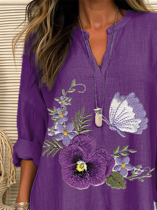 Women Floral Long Sleeve Blouse Spring/Fall Printing V Neck Daily Casual Top