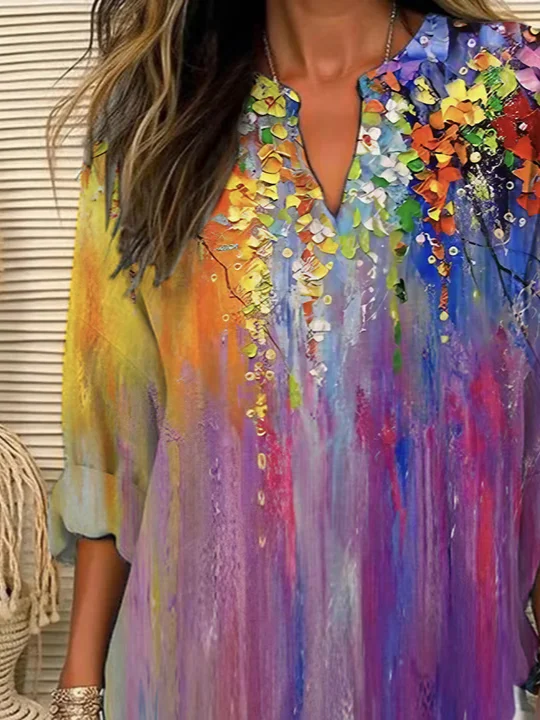 Women Floral Long Sleeve Blouse Spring/Fall Printing V Neck Daily Casual Top