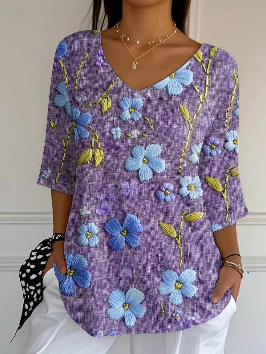 Women Floral Three Quarter Sleeve Tee T-shirt V Neck Printing Casual Spring/Fall Graphic Tee Top