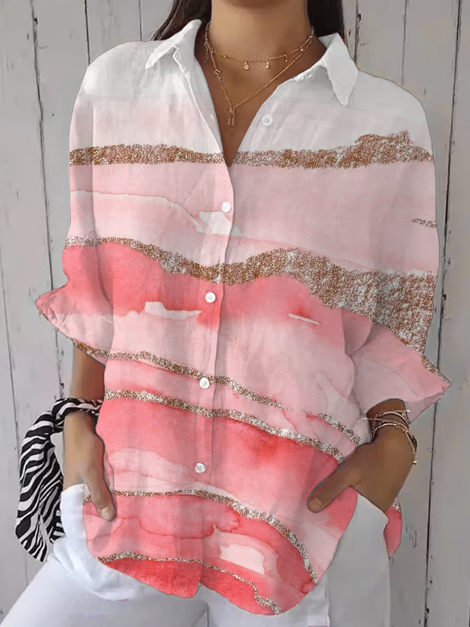 Women Abstract Three Quarter Sleeve Shirt Spring/Fall Printing Shirt Collar Daily Casual Top