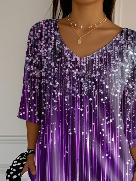 Women Abstract Three Quarter Sleeve Tee T-shirt V Neck Printing Casual Spring/Fall Graphic Tee Top
