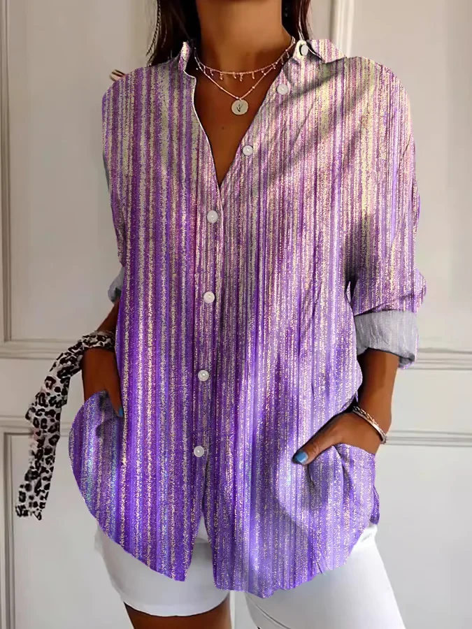 Women Abstract Long Sleeve Shirt Spring/Fall Buckle Shirt Collar Regular Sleeve Daily Casual Top