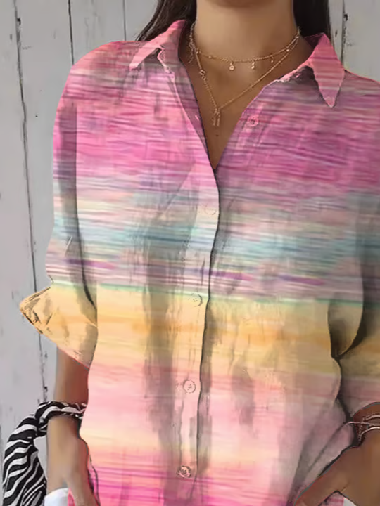 Women Abstract Three Quarter Sleeve Shirt Spring/Fall Printing Shirt Collar Daily Casual Top