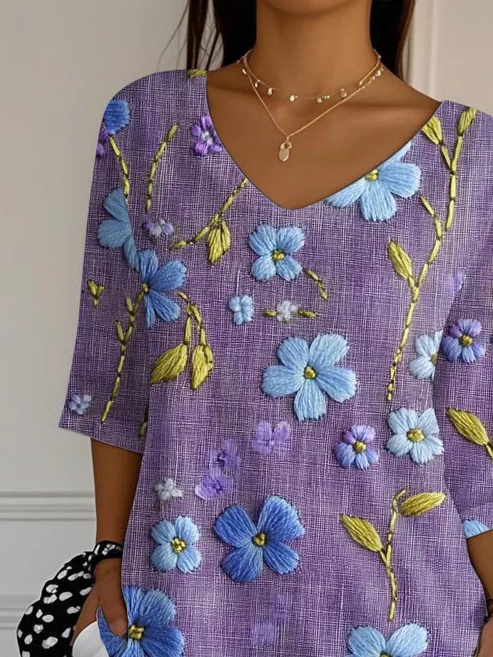 Women Floral Three Quarter Sleeve Tee T-shirt V Neck Printing Casual Spring/Fall Graphic Tee Top