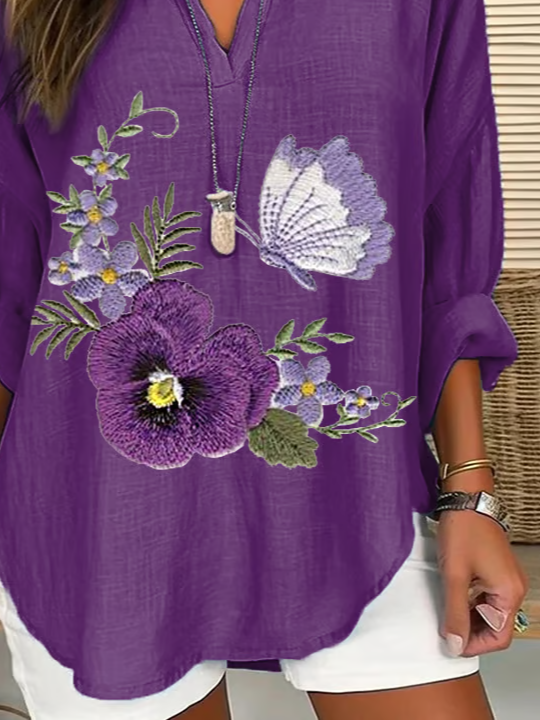 Women Floral Long Sleeve Blouse Spring/Fall Printing V Neck Daily Casual Top