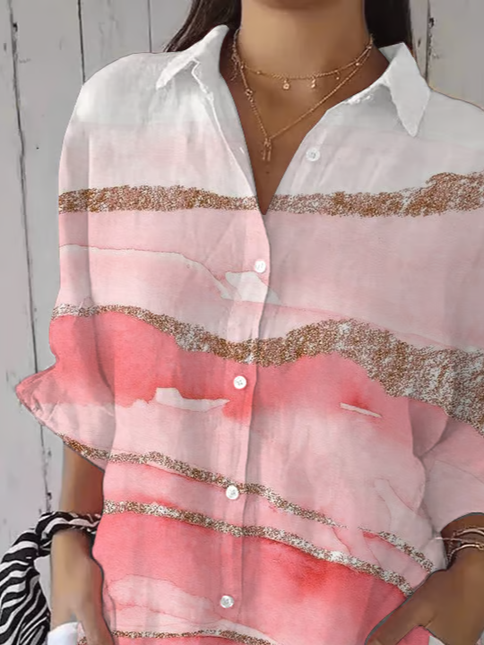 Women Abstract Three Quarter Sleeve Shirt Spring/Fall Printing Shirt Collar Daily Casual Top